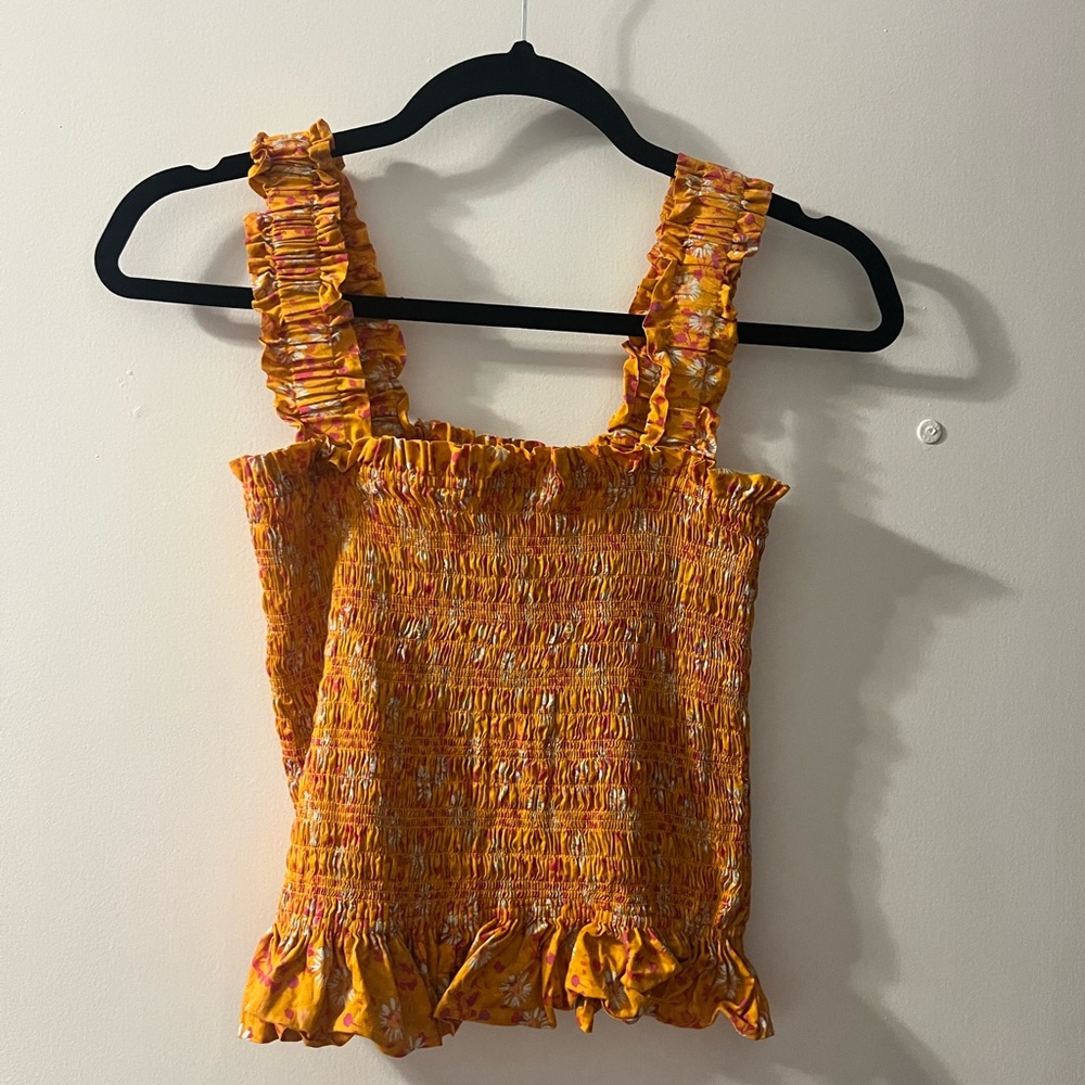Orange Smocked Ruffle Strap Top